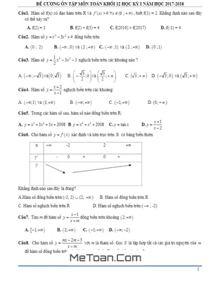 Đề Cương Ôn Tập Toán 12 Học Kỳ 1 Năm 2017 - 2018 Trường THPT Đa Phúc - Hà Nội