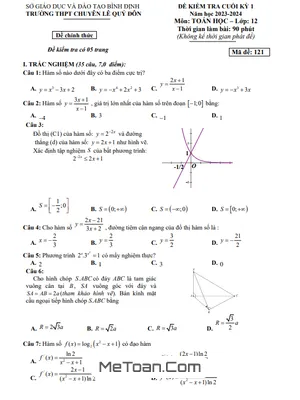 Đề thi học kỳ 1 Toán 12 năm 2023 - 2024 trường THPT chuyên Lê Quý Đôn - Bình Định
