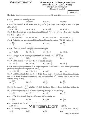 Đề thi học kì 1 Toán 12 năm học 2019 - 2020 sở GD&ĐT Bình Dương