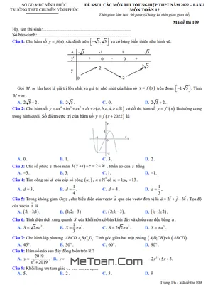 Đề KSCL Toán 12 Lần 2 Trường THPT Chuyên Vĩnh Phúc - Ôn Thi Tốt Nghiệp THPT 2022