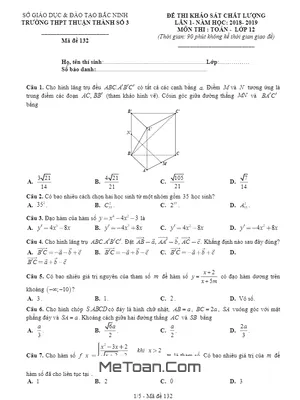 Đề thi KSCL Toán 12 năm học 2018 - 2019 trường Thuận Thành 3 - Bắc Ninh lần 1