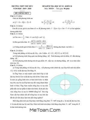 Đề thi học kì 2 Toán 10 năm 2019 - 2020 trường THPT Thủ Đức - TP HCM