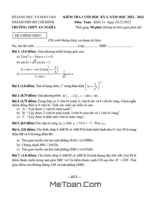 Đề Cuối Kỳ 1 Toán 11 Năm 2022 - 2023 Trường THPT An Nghĩa - TP.HCM
