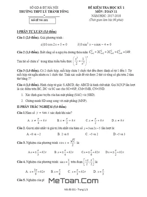 Đề thi HK1 Toán 11 năm học 2017 - 2018 trường THPT Lý Thánh Tông - Hà Nội (có đáp án)
