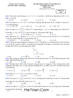 Đề thi chất lượng 8 tuần HK1 môn Toán 12 năm 2017 - 2018 trường THPT A Hải Hậu - Nam Định (có đáp án)
