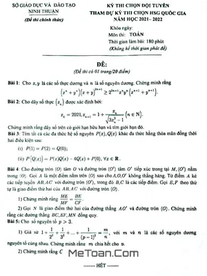 Đề chọn đội tuyển thi HSG QG môn Toán năm 2021 - 2022 Sở GD&ĐT Ninh Thuận