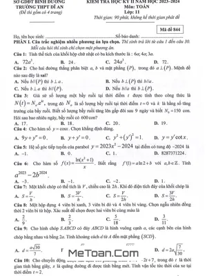 Đề thi học kì 2 môn Toán lớp 11 năm 2023 - 2024 trường THPT Dĩ An - Bình Dương