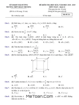 Đề thi học kì 2 Toán 11 năm 2018 - 2019 trường Đoàn Thượng - Hải Dương