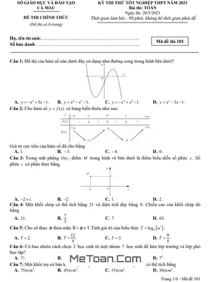 Đề thi thử tốt nghiệp THPT năm 2021 môn Toán sở GD&ĐT Cà Mau