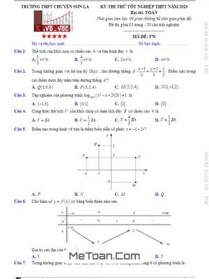 Đề thi thử tốt nghiệp THPT năm 2020 môn Toán trường THPT chuyên Sơn La