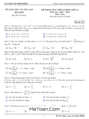 Đề thi thử THPT Quốc gia 2017 môn Toán - Sở GD&ĐT Hà Nam