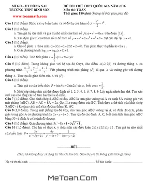 Đề Thi Thử THPT Quốc Gia 2016 Môn Toán Trường Bình Sơn - Đồng Nai