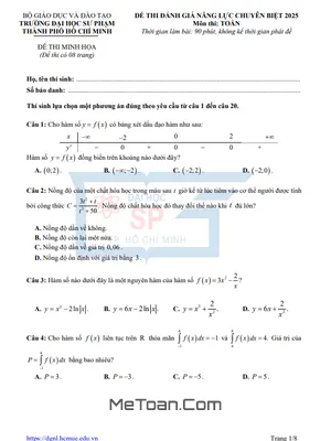 Đề Minh Họa Đánh Giá Năng Lực Môn Toán Năm 2025 Trường ĐHSP TP Hồ Chí Minh