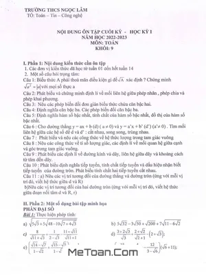 Đề Cương Ôn Tập Cuối Kỳ 1 Toán 9 Năm 2022 - 2023 Trường THCS Ngọc Lâm - Hà Nội