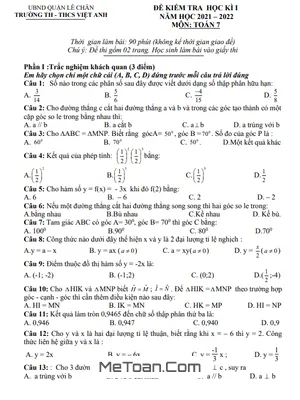 Đề kiểm tra Học kì 1 Toán 7 năm 2021 - 2022 trường TH-THCS Việt Anh - Hải Phòng