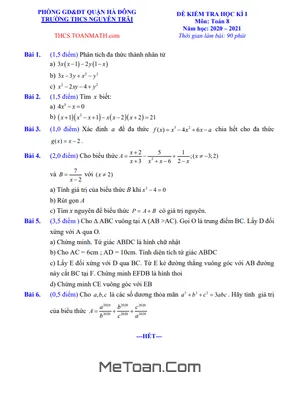 Đề Thi Học Kì 1 Toán 8 Năm 2020 - 2021 Trường THCS Nguyễn Trãi - Hà Nội