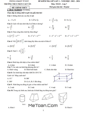 Đề thi giữa kỳ 1 Toán 7 năm 2023 - 2024 trường THCS Trần Cao Vân - TT Huế