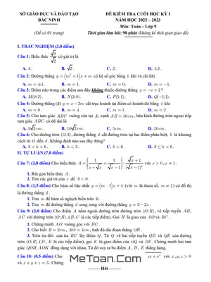 Đề thi học kì 1 Toán 9 năm 2022 - 2023 sở GD&ĐT Bắc Ninh