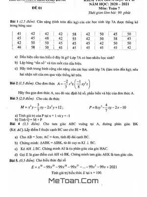Đề thi giữa kỳ 2 Toán 7 năm 2020 - 2021 trường THCS Khương Đình - Hà Nội