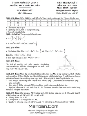 Đề thi HK2 Toán 7 năm 2019 - 2020 trường THCS Đoàn Thị Điểm - TP HCM