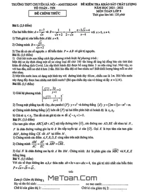 Đề khảo sát chất lượng Toán 9 năm 2021 - 2022 trường chuyên Hà Nội - Amsterdam
