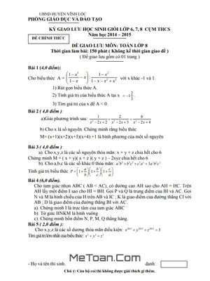 Đề Giao Lưu HSG Toán 8 Năm 2014 - 2015 Phòng GD&ĐT Vĩnh Lộc - Thanh Hóa
