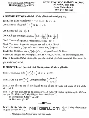 Đề thi HSG Toán 7 năm 2020-2021 trường THCS Cẩm Bình, Hà Tĩnh