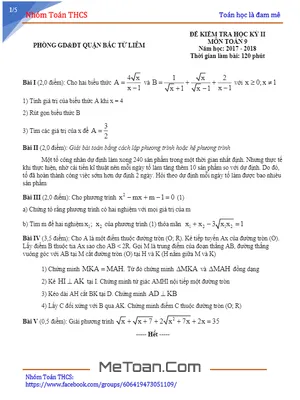 Đề thi HK2 Toán 9 năm 2017-2018 phòng GD&ĐT Bắc Từ Liêm - Hà Nội (có lời giải)