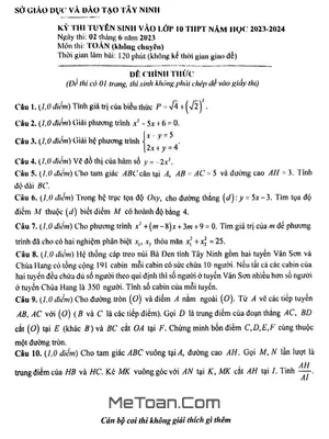 Đề thi tuyển sinh lớp 10 môn Toán (không chuyên) năm 2023 - 2024 Sở GD&ĐT Tây Ninh