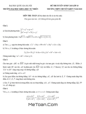 Đề thi tuyển sinh lớp 10 môn Toán trường THPT chuyên KHTN Hà Nội năm 2020 (Đề chung)