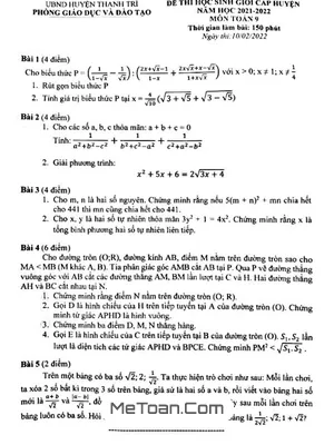 Đề thi học sinh giỏi Toán 9 năm 2021 - 2022 phòng GD&ĐT Thanh Trì - Hà Nội