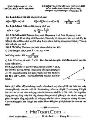Đề Thi Giữa Kì 1 Toán 9 Năm 2024 - 2025 Trường THCS Xuân Phương - Hà Nội