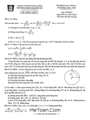 Đề Khảo Sát Chất Lượng Vòng 2 Môn Toán 9 Năm Học 2025-2026 Trường THCS Nguyễn Du, Hà Nội