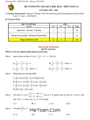Đề cương giữa học kì 2 Toán 12 năm 2025 – 2026 trường THPT Việt Đức – Hà Nội