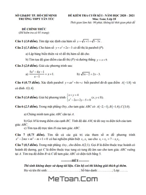 Đề kiểm tra cuối kì 1 Toán 10 năm 2020 - 2021 trường THPT Tân Túc - TP HCM