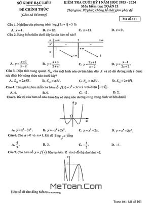 Đề thi học kỳ 1 Toán 12 năm 2023 - 2024 sở GD&ĐT Bạc Liêu (có đáp án)