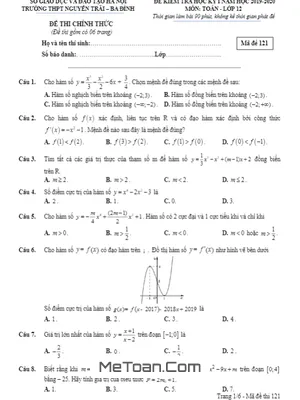 Đề kiểm tra học kỳ 1 Toán 12 năm 2019 – 2020 trường Nguyễn Trãi – Hà Nội