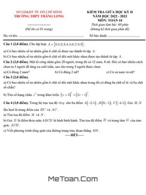Đề giữa học kỳ 2 Toán 10 năm 2022 – 2023 trường THPT Thăng Long – TP HCM