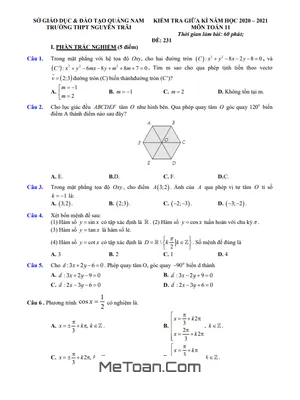 Đề thi giữa HK1 Toán 11 năm 2020 - 2021 trường THPT Nguyễn Trãi - Quảng Nam