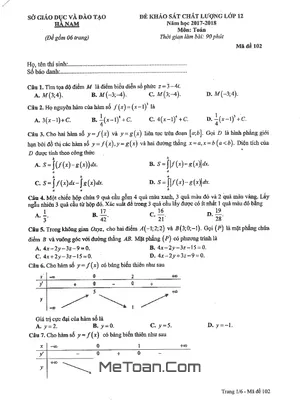 Đề KSCL Toán 12 năm học 2017 - 2018 sở GD&ĐT Hà Nam - Mã đề 104