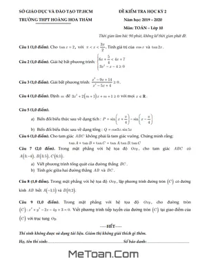 Đề thi học kì 2 Toán 10 năm 2019 - 2020 trường THPT Hoàng Hoa Thám - TP HCM