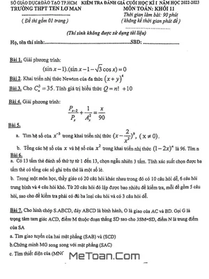 Đề Thi Cuối Học Kì 1 Toán 11 Năm 2022 - 2023 Trường THPT Ten Lơ Man - TP HCM