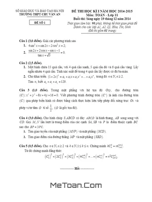 Đề thi học kỳ 1 lớp 11 môn Toán ban nâng cao trường THPT Chu Văn An - Hà Nội năm học 2014 - 2015