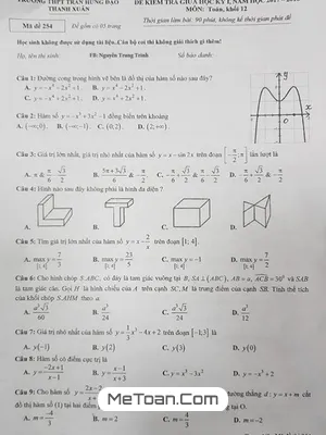 Đề thi giữa kỳ 1 Toán 12 năm 2017-2018 trường THPT Trần Hưng Đạo - Hà Nội