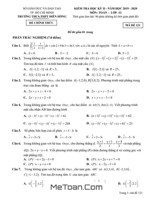 Đề Thi Học Kì 2 Toán 12 Năm 2019 - 2020 Trường Diên Hồng - TP.HCM