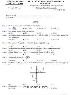Đề thi thử THPT Quốc Gia 2022 môn Toán lần 3 trường Chuyên ĐH Vinh - Nghệ An