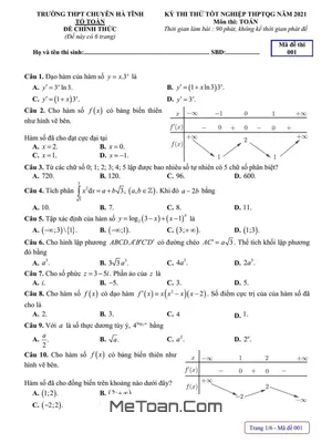Đề thi thử tốt nghiệp THPTQG 2021 môn Toán trường THPT chuyên Hà Tĩnh mã đề 001