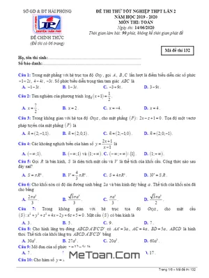 Đề thi thử tốt nghiệp THPT 2020 lần 2 môn Toán trường chuyên Trần Phú – Hải Phòng