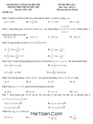 Đề thi thử Toán THPT Quốc gia 2019 lần 1 trường THPT chuyên Bến Tre