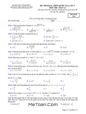Đề thi thử THPT Quốc gia 2017 môn Toán trường THPT Bình Xuyên - Vĩnh Phúc lần 3